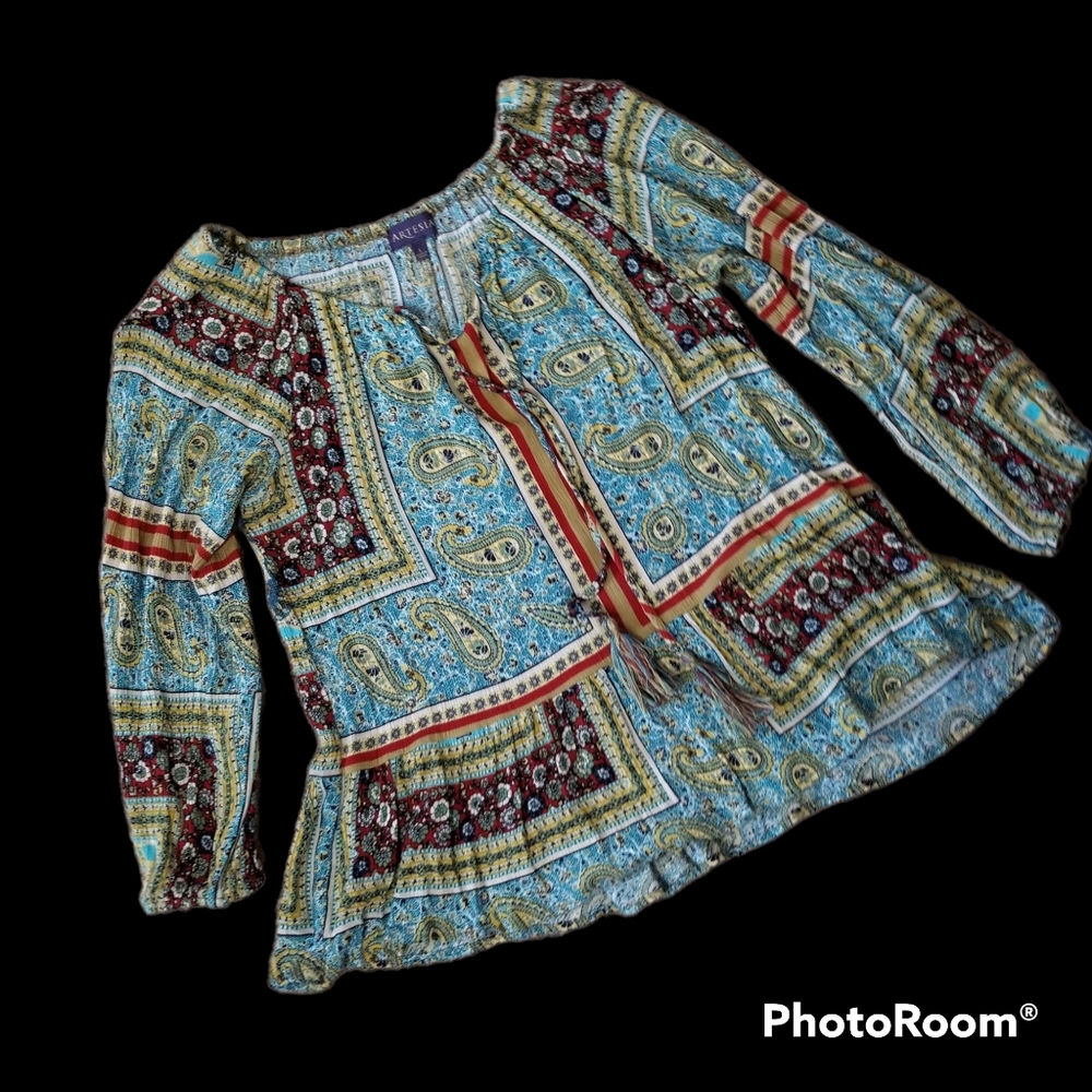Artesia Boho Crinkle 3/4 Sleeve Pleasant Blouse Top Women's Large